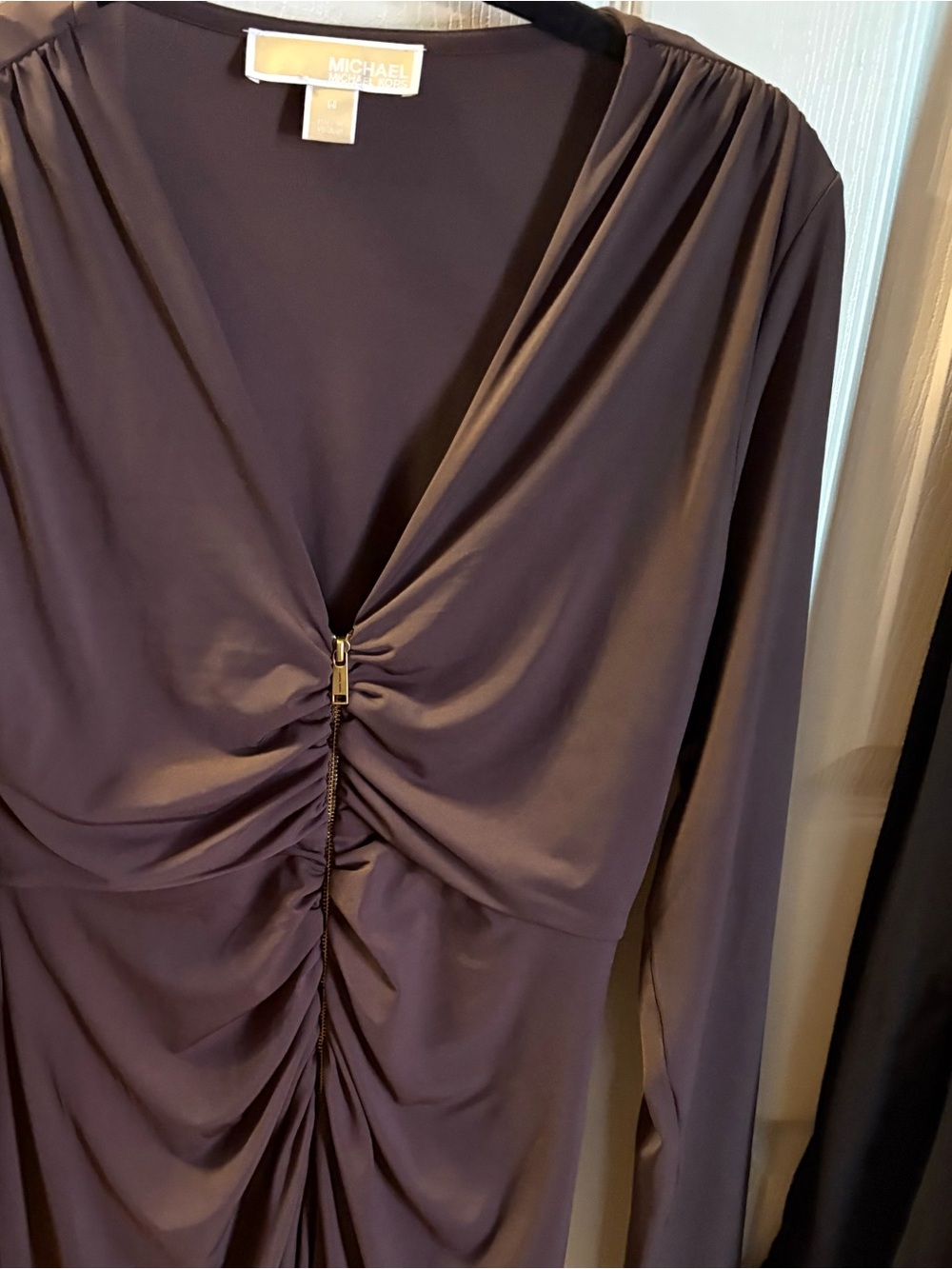 Michael Kors brown Ruched V-Neck Long Sleeve Dress